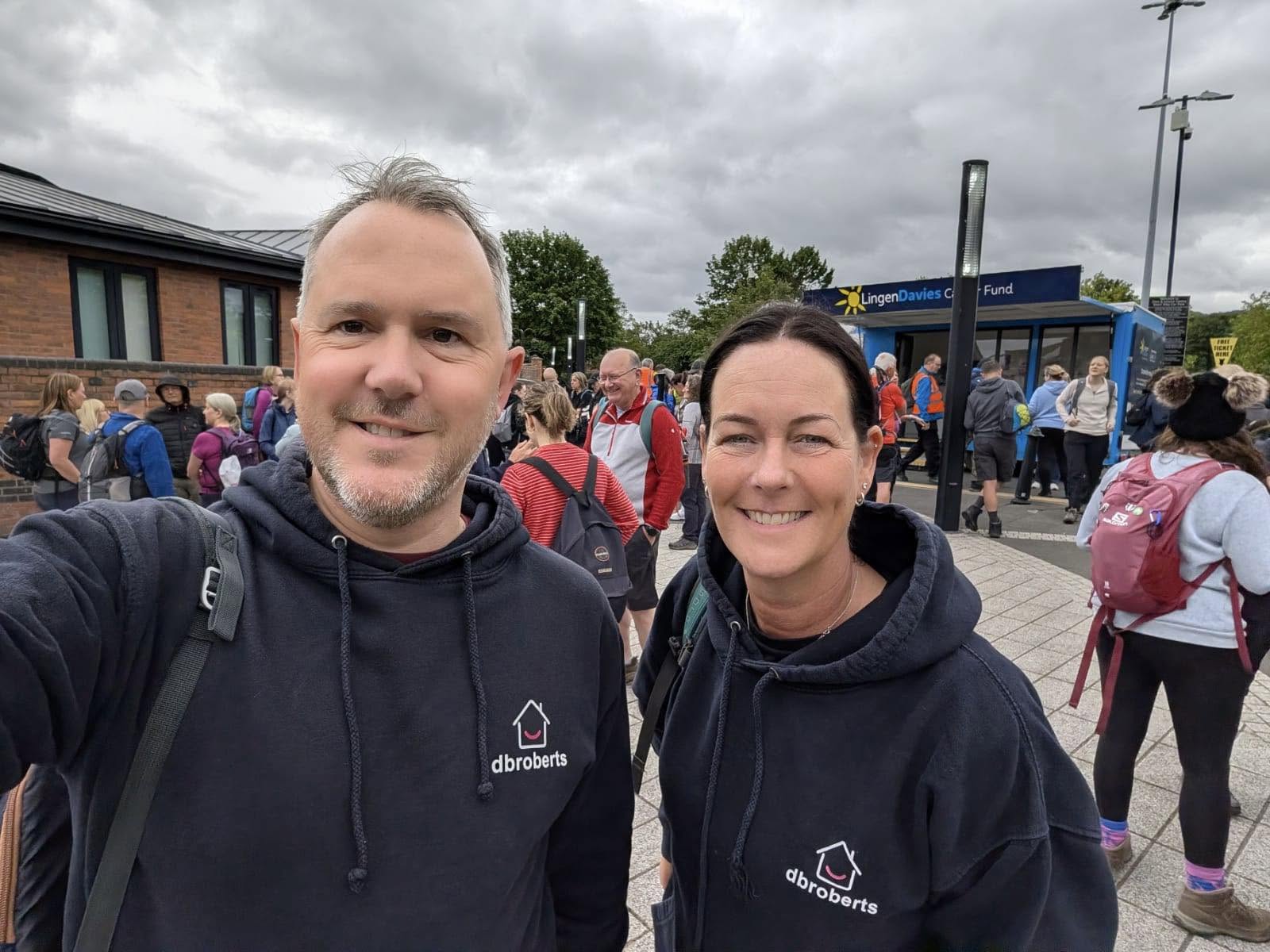 Matt Hood and Sue Hardeman from DB Roberts at the Lingen Davies charity walk start line outside Wellington Leisure Centre