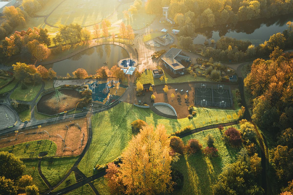 An aerial view of Telford Town Park including the adventure play area and visitor zone.